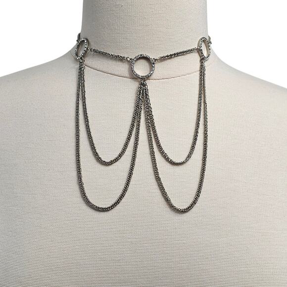 Choker Necklace Multi Chain Draped Silvertone Clear Rhinestones Whimsygoth - Picture 1 of 7